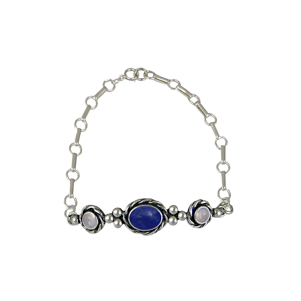 Sterling Silver Bracelet With Adjustable Chain Lapis Lazuli And Rainbow Moonstone